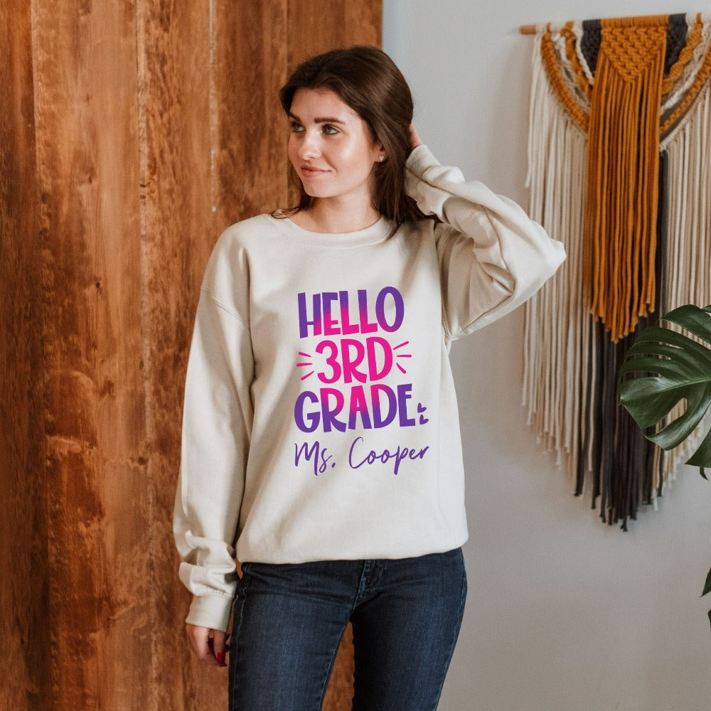 Hello 3rd Grade! Customize this retro vibrant new grade sweatshirt as a thank you gift idea for teacher, trainer, instructor and homeschool mama. Create a custom look and show appreciation to your favorite grade teacher with this unique shirt. Perfect for elementary team spirit, back to school, last day of school, summer or spring break. Great outfit for everyday use both in and out of the classroom.