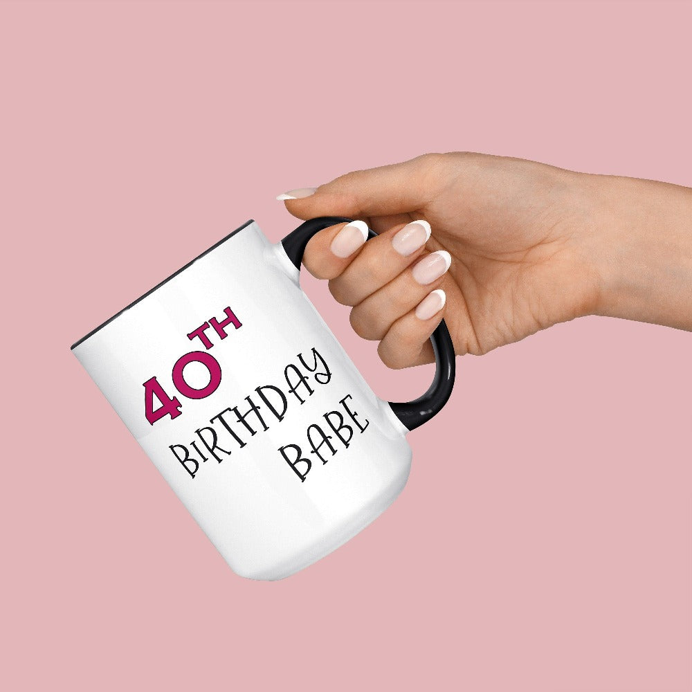 Say Hello 40 with this cute gift idea for the 40th birthday babe. Celebrate the fabulous forty with your crew and stand out with a fun party mug souvenir. This is a great present for the 40 year old queen, sister, mom, daughter or best friend. It makes for a memorable new age celebration.