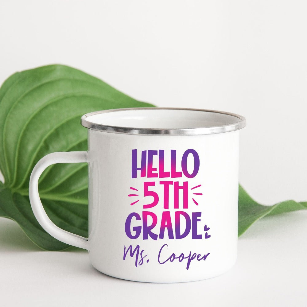 Hello 5th Grade! Customize this retro vibrant new grade coffee mug as a thank you gift idea for teacher, trainer, instructor and homeschool mama. Create a custom look and show appreciation to your favorite grade teacher with this unique present. Perfect for elementary team spirit, back to school, last day of school, summer or spring break. Great for everyday use both in and out of the classroom.