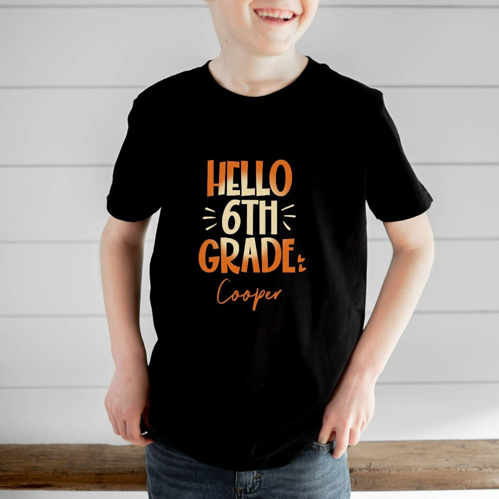 Hello 6th Grade! Customize this retro vibrant new grade shirt as a thank you gift idea for teacher, trainer, instructor and homeschool mama. Create a custom look and show appreciation to your favorite grade teacher with this unique shirt. Perfect for middle school team spirit, back to school, last day of school, summer or spring break. Great outfit for everyday use both in and out of the classroom.