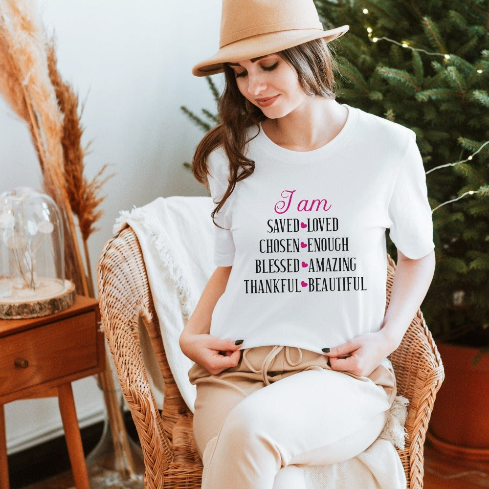 Motivational I Am Enough shirt. Perfect outfit for daughter, wife, spouse, girlfriend, husband, son, family reunion, friend's birthday, youth pastor, service leader, Sunday school camping, Mother's Day, Christmas holiday, Thanksgiving, religious events and more. It is a great faith-based conversational apparel for any occasion. I am Saved, Loved, Chosen, Enough, Blessed, Amazing, Thankful and Beautiful. 