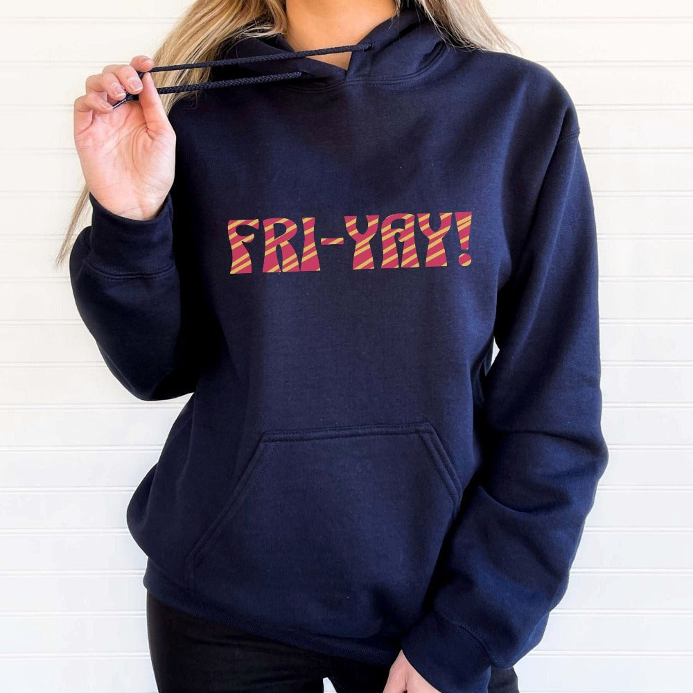 Funny Fri-yay! sweatshirt is a great gift idea for elementary grade teacher, principal, kindergarten or preschool classroom team, co-workers, staff team and just about everyone looking forward to weekend activities. Grab this for Christmas presents, office party, birthday gifts and girls nights out shirt.