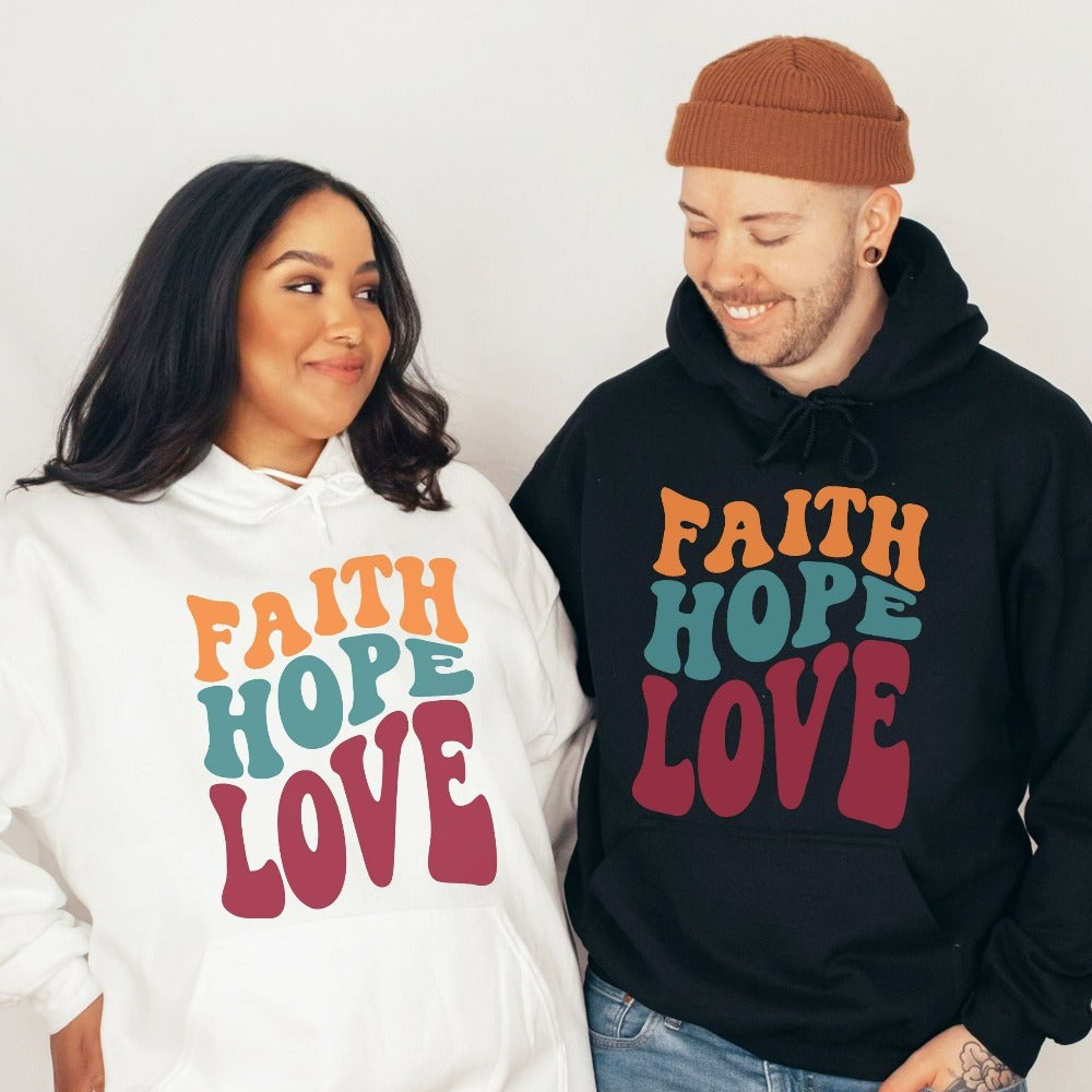 Christian faith based gift idea outfit for religious friend or loved one. Bible verse and 1st Corinthians 13 quote - Faith, Hope and Love saying. Great matching sweatshirt for a church convention, Sunday school or weekend service. Grab this for a birthday shirt for youth pastor or leader, minister or any other Christian family.