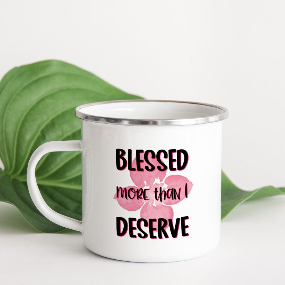 This uplifting Christian mug is a perfect gift idea. It has a motivational quotes to feel blessed and have faith to Jesus Christ. This camping mug is an ideal gift for your religious mom, sister and family on birthday, anniversary, and Christmas.