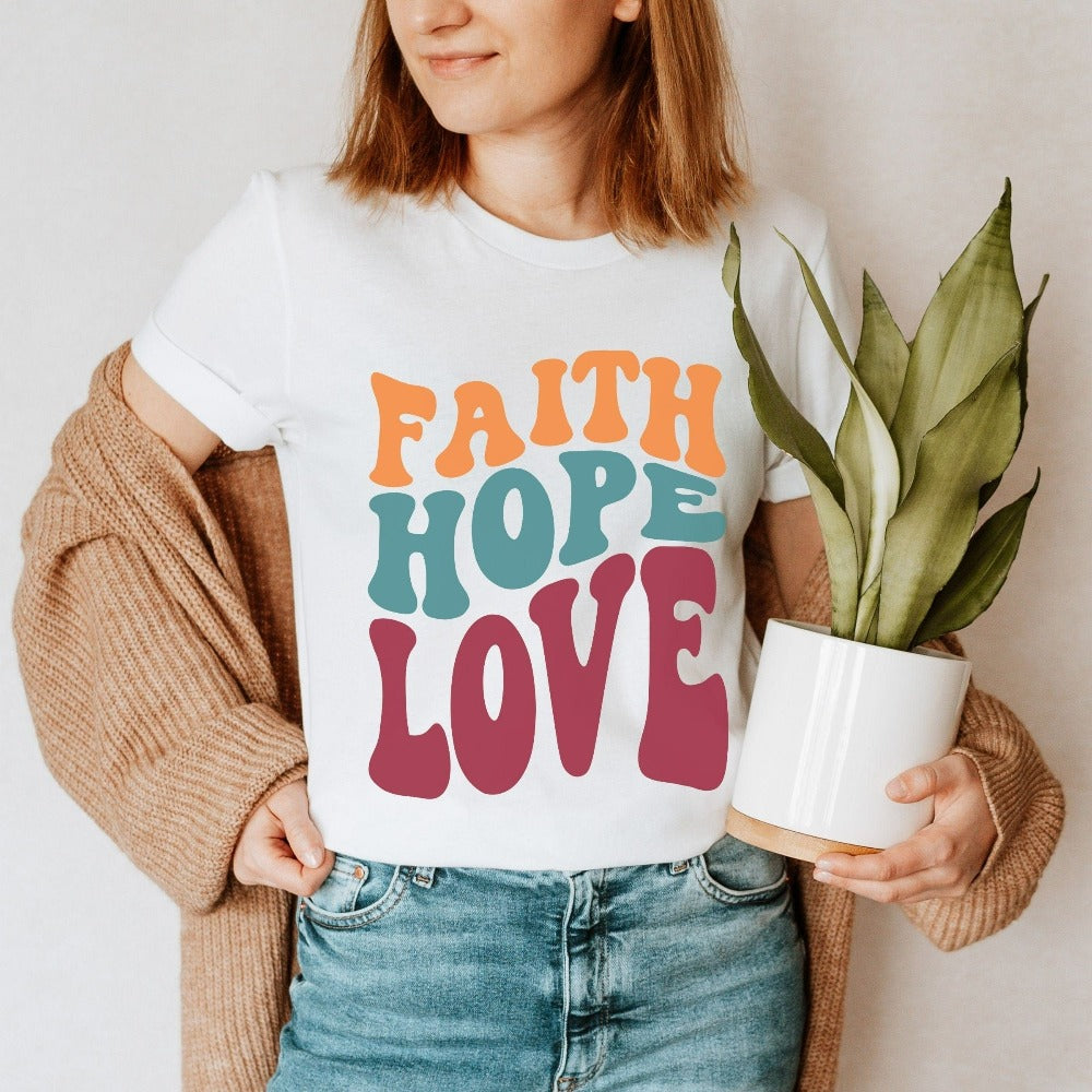 Christian faith based gift idea outfit for religious friend or loved one. Bible verse and 1st Corinthians 13 quote - Faith, Hope and Love saying. Great matching casual shirt for a church convention, Sunday school or weekend service. Grab this for a birthday t-shirt for youth pastor or leader, minister or any other Christian family.