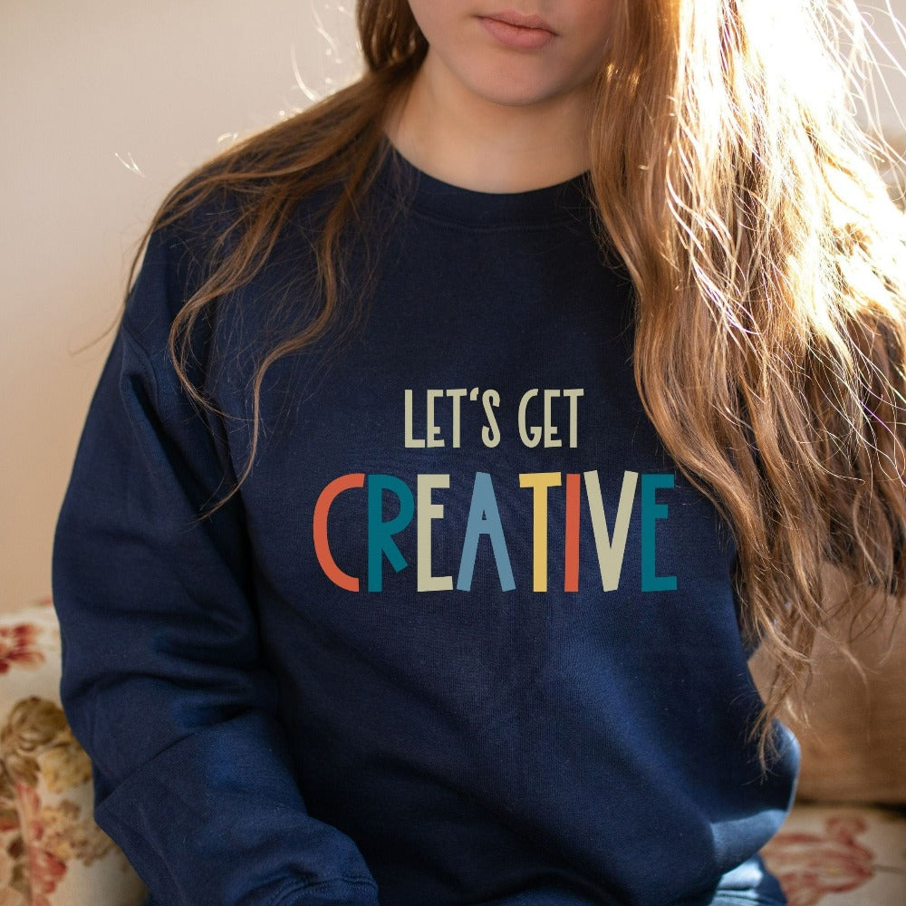 Arts and Craft teacher sweatshirt. This colorful retro casual top is perfect for elementary, middle or high school arts teacher. Make a great back to school team outfit, Christmas gift, first day or last day of school shirt or summer break shirt.