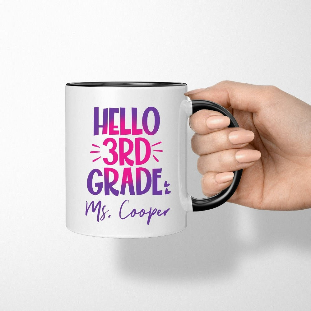 Hello 3rd Grade! Customize this retro vibrant new grade coffee mug as a thank you gift idea for teacher, trainer, instructor and homeschool mama. Create a custom look and show appreciation to your favorite grade teacher with this unique present. Perfect for elementary team spirit, back to school, last day of school, summer or spring break. Great for everyday use both in and out of the classroom.
