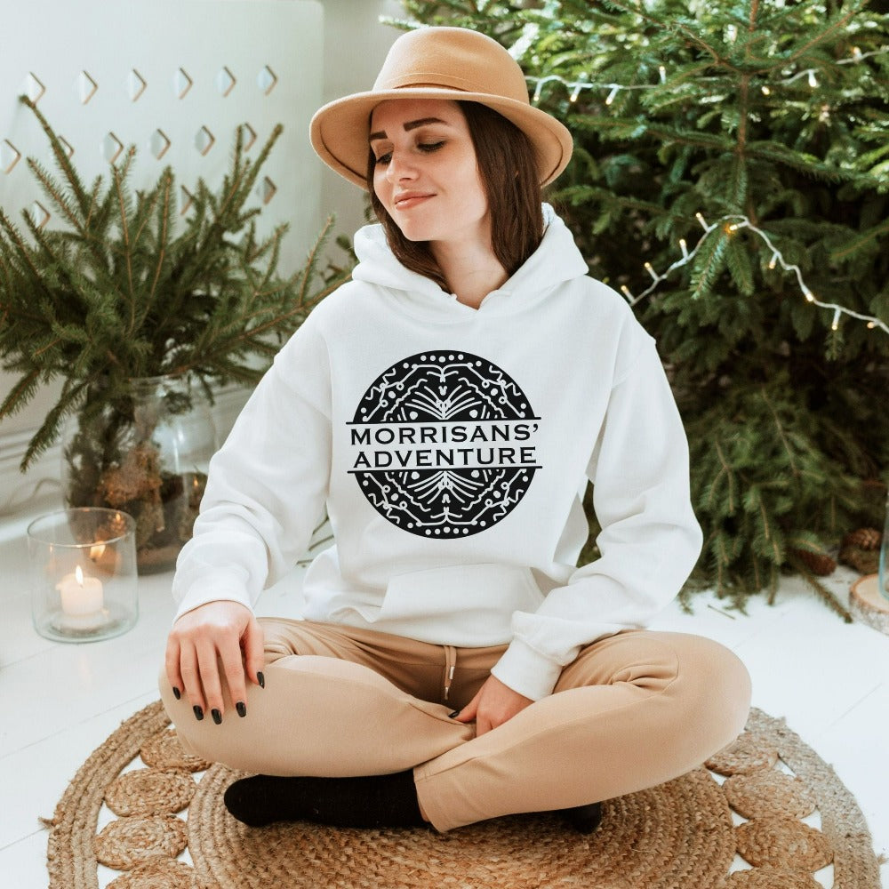 This customized family adventure hoodie is the perfect matching group travel custom name or destination outfit. Great for hiking camping mountain hike or other outdoors get together or reunion. Unique geometric abstract design is trendy and stands out. Get ready for adventure!