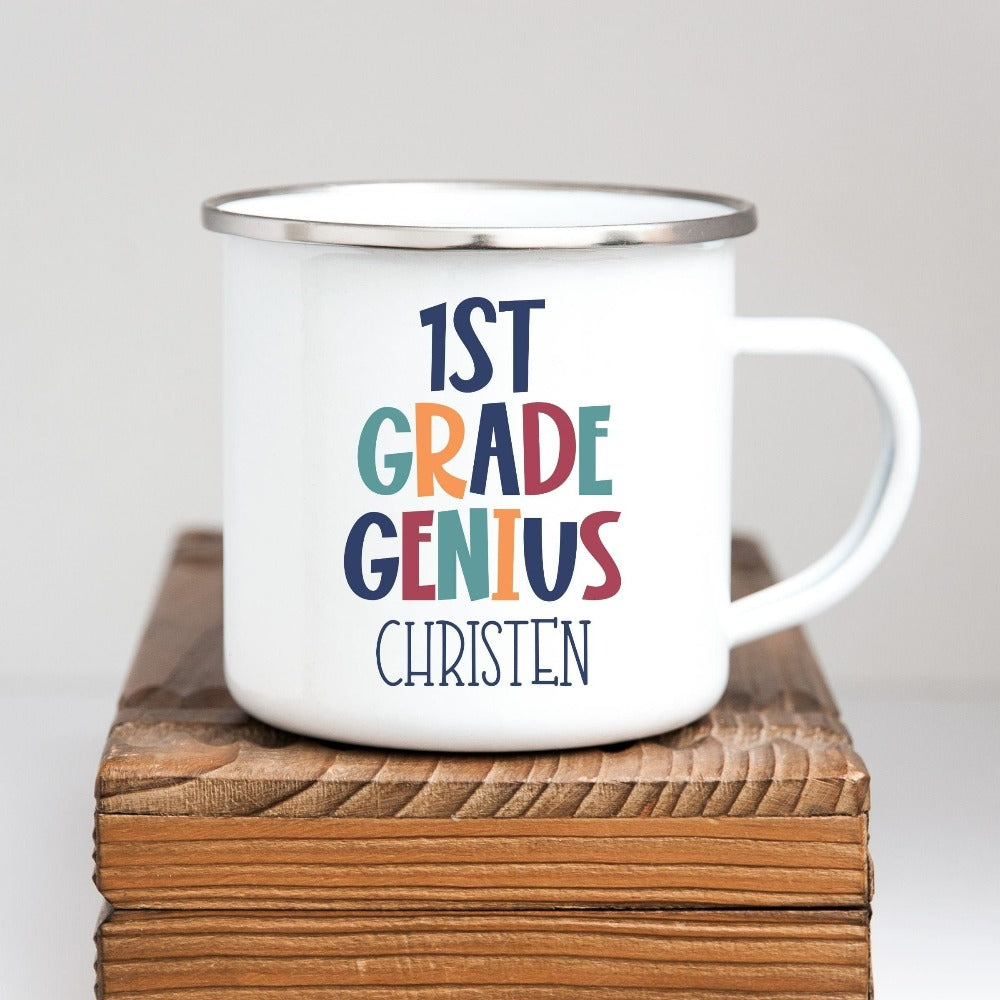 Customize this first grade, back to school drinking mug gift idea for your genius. For first day of school, school field trips, 100 days of school, graduation or a new grade. Perfect name cup for everyday use in or out of classroom. 1st grade souvenir.