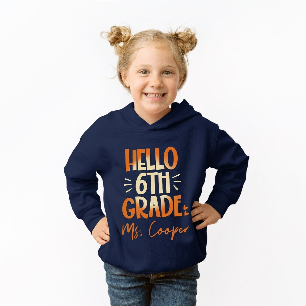 Hello 6th Grade! Customize this retro vibrant new grade sweatshirt as a thank you gift idea for teacher, trainer, instructor and homeschool mama. Create a custom look and show appreciation to your favorite grade teacher with this unique shirt. Perfect for middle school team spirit, back to school, last day of school, summer or spring break. Great outfit for everyday use both in and out of the classroom.