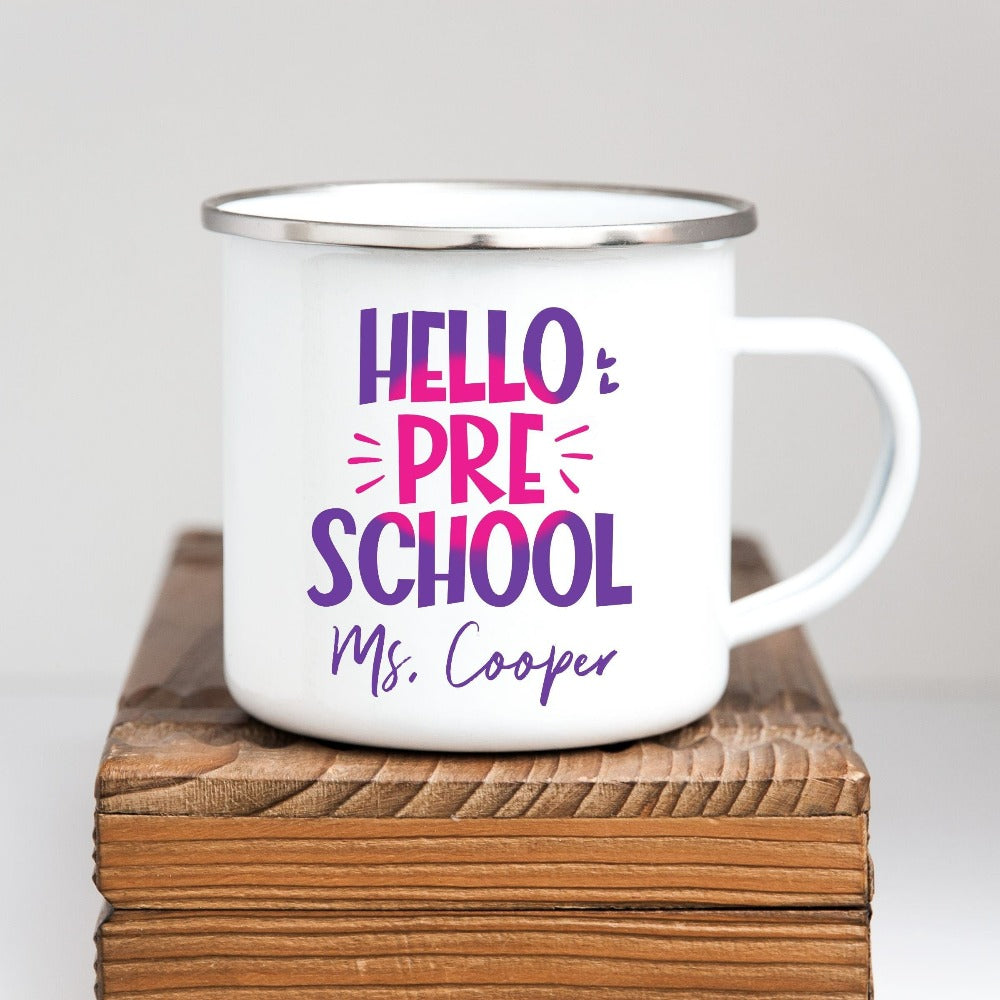 Hello Preschool! Customize this retro vibrant new grade coffee mug as a thank you gift idea for teacher, trainer, instructor and homeschool mama. Create a custom look and show appreciation to your favorite grade teacher with this unique present. Perfect for elementary team spirit, back to school, last day of school, summer or spring break. Great for everyday use both in and out of the classroom.