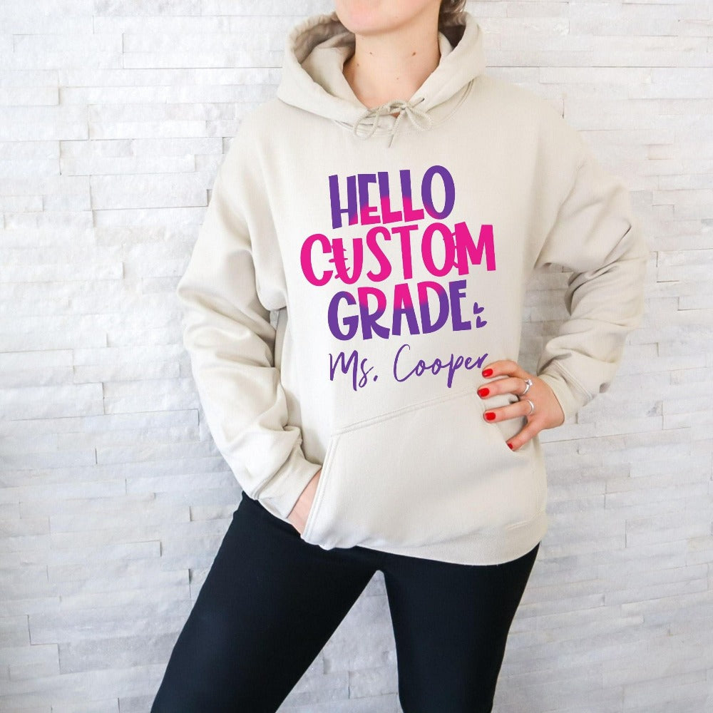 Customize this retro vibrant new grade sweatshirt as a thank you gift idea for teacher, trainer, instructor and homeschool mama. Create a custom look and show appreciation to your favorite grade teacher with this unique shirt. Perfect for elementary team spirit, back to school, last day of school, summer or spring break. Great outfit for everyday use both in and out of the classroom.
