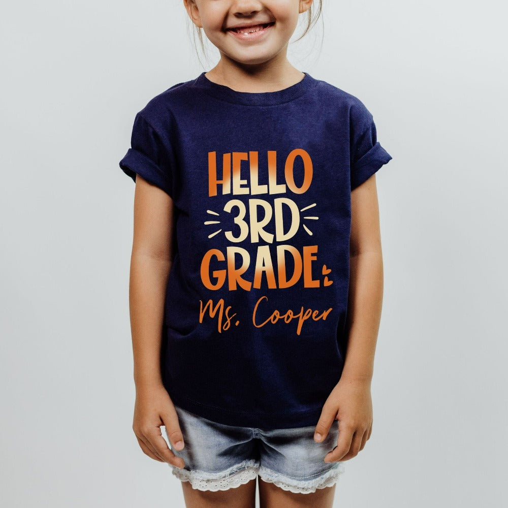 Hello 3rd Grade! Customize this retro vibrant new grade shirt as a thank you gift idea for teacher, trainer, instructor and homeschool mama. Create a custom look and show appreciation to your favorite grade teacher with this unique shirt. Perfect for elementary team spirit, back to school, last day of school, summer or spring break. Great outfit for everyday use both in and out of the classroom.