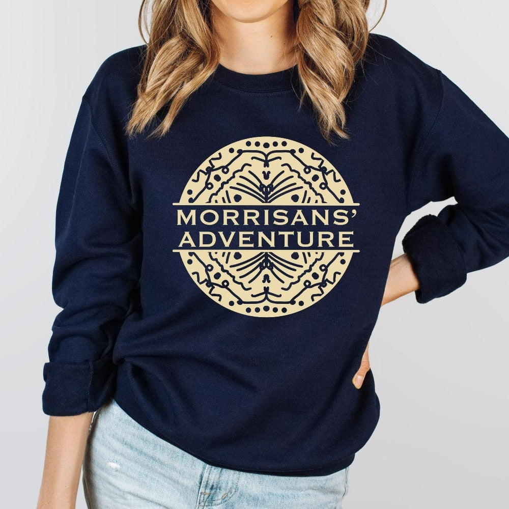 Customized family adventure sweatshirt outfit is the perfect matching group travel custom name or destination outfit. Great for hiking camping mountain hike or other outdoors get together or reunion. Unique geometric abstract design is trendy and stands out.