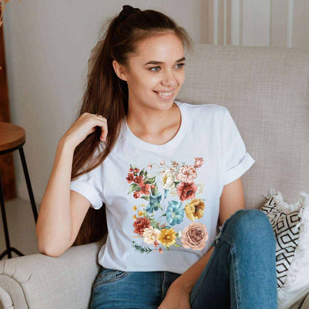 Wildflower floral graphic shirt. This botanical wild flower casual top is great for Mother's Day, birthday, Christmas holidays, gift for best friend, daughter, mom or loved one especially anyone that loves nature, flowers and adorable watercolor tees. Vintage boho look, soft comfy feel and a flattering fashionable fit makes this a great outfit and gift idea.