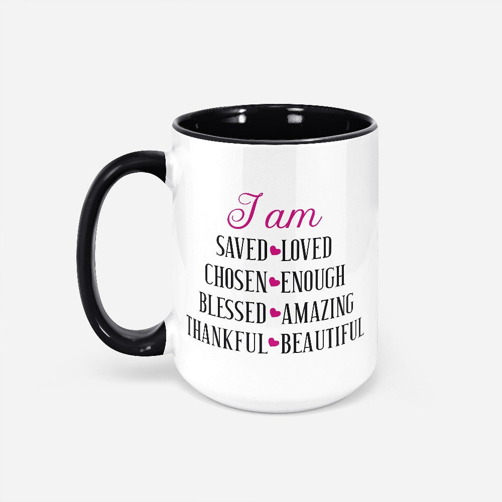 Motivational I Am Enough coffee mug. This positive beverage cup is filled with supportive, uplifting and positive sayings and makes this a perfect gift idea for everyone. Perfect souvenir for family reunion, friend's birthday, youth pastor, service leader, Sunday school camping, Mother's Day, Christmas holiday, Thanksgiving, support groups, religious events and more. 