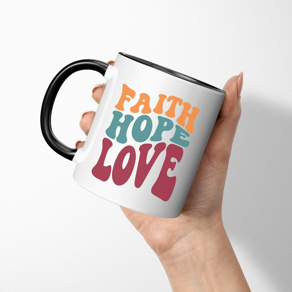 Christian faith based gift idea coffee mug for religious friend or loved one. Bible verse and 1st Corinthians 13 quote - Faith, Hope and Love saying. Great matching sweatshirt for a church convention, Sunday school or weekend service. Grab this for a birthday present for youth pastor or leader, minister or any other Christian family.