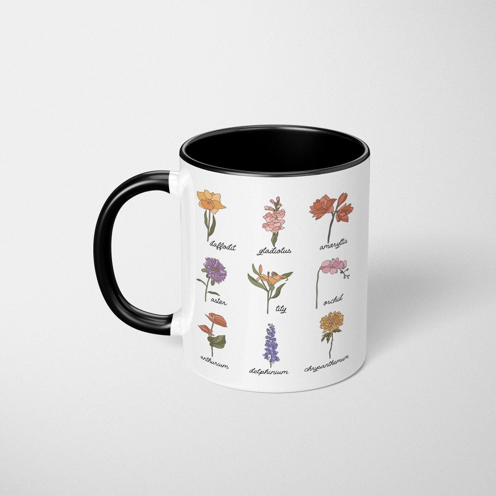 Wildflower graphic coffee mug showing daffodil, gladiolus, amaryllis, aster, lily, orchid, anthurium, delphinium and chrysanthemum. This botanical wild flower beverage cup is great for Mother's Day, birthday, Christmas holidays, gift for best friend, daughter, mom or loved one especially anyone that loves nature, flowers and adorable watercolor kitchenware.