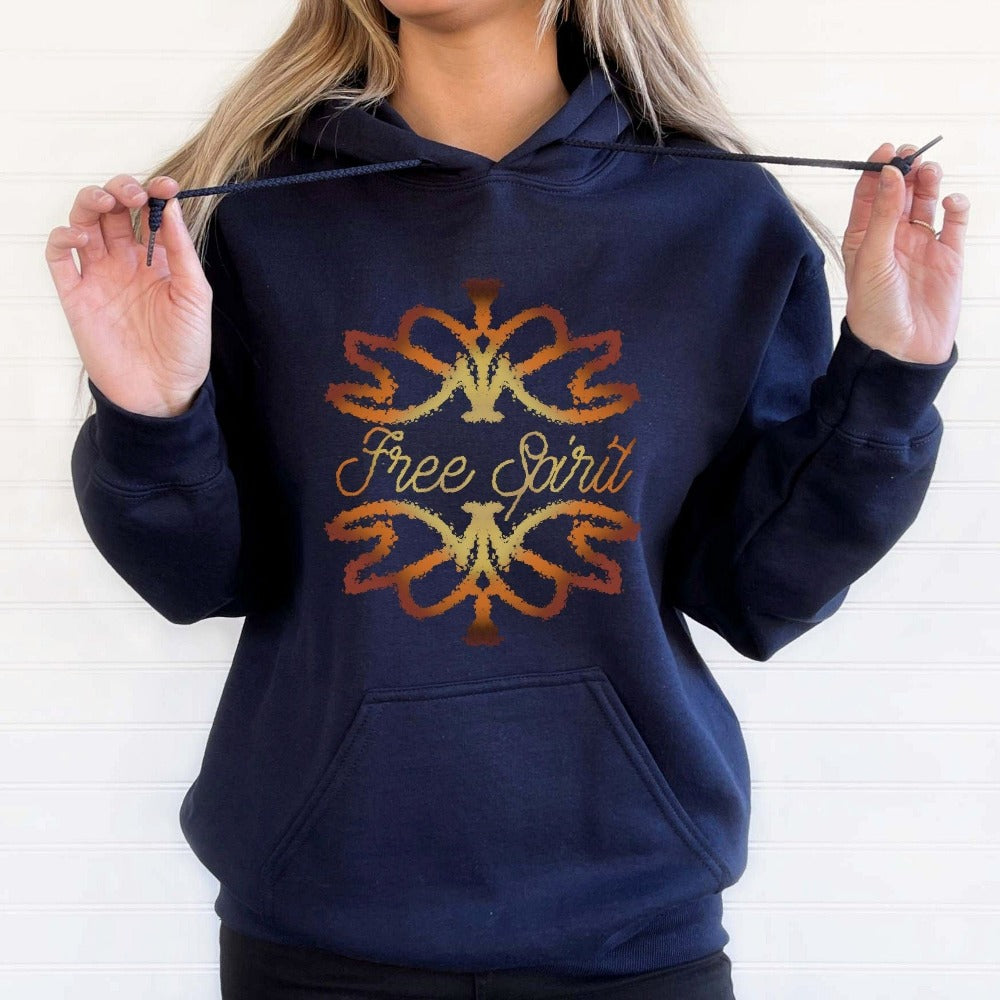 Free spirit graphic sweatshirt. This boho abstract design outfit is perfect for everyday use both indoors and outdoors. With vintage bohemian vibes, this is a great birthday or Christmas holiday present for a loved wildflower you know. Great gift idea for nature lover, spirituality aware friend, yogi and outdoorsy friend.