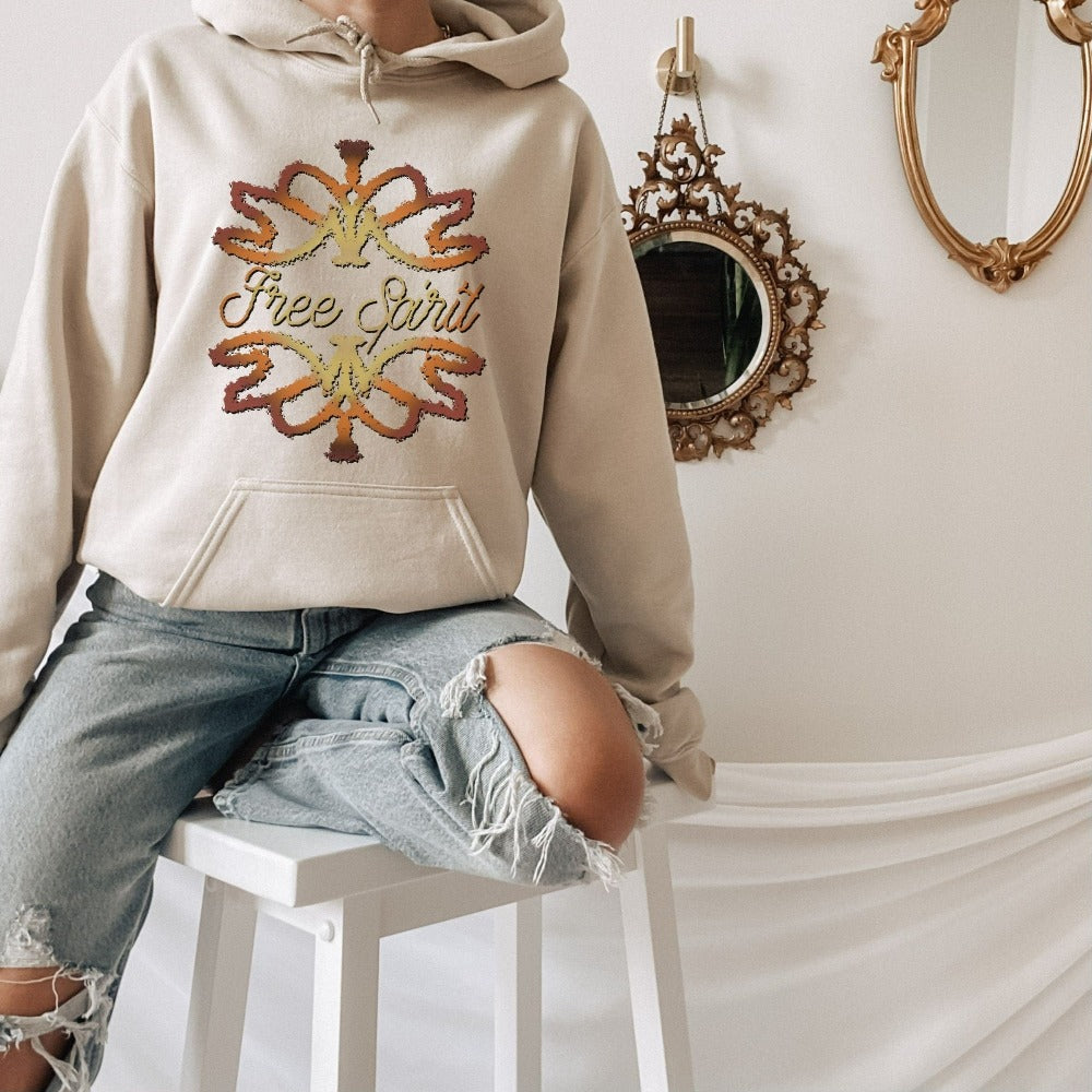 Free spirit graphic sweatshirt. This boho abstract design outfit is perfect for everyday use both indoors and outdoors. With vintage bohemian vibes, this is a great birthday or Christmas holiday present for a loved wildflower you know. Great gift idea for nature lover, spirituality aware friend, yogi and outdoorsy friend.