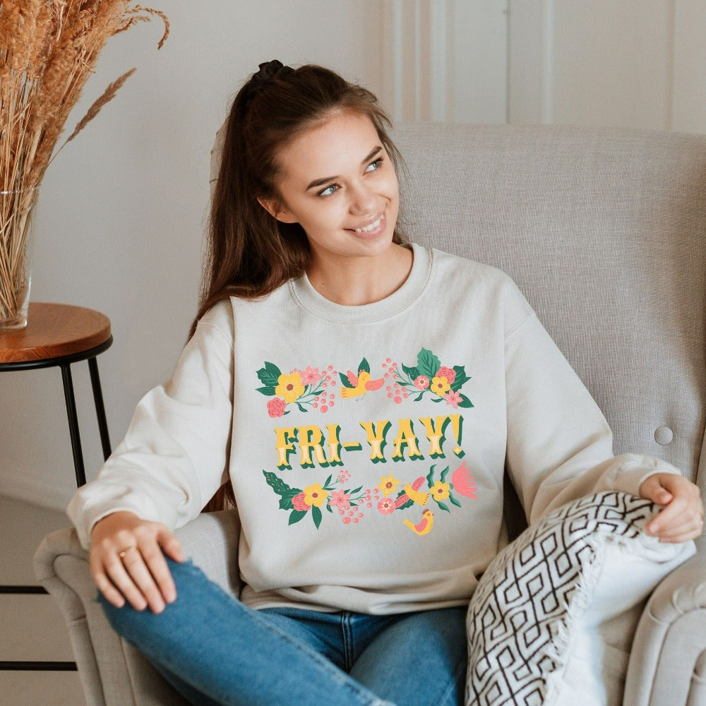 Funny Fri-yay! sweatshirt is a great gift idea for elementary grade teacher, principal, kindergarten or preschool classroom team, co-workers, staff team and just about everyone looking forward to weekend activities. Grab this for Christmas presents, office party, birthday gifts and girls nights out shirt.
