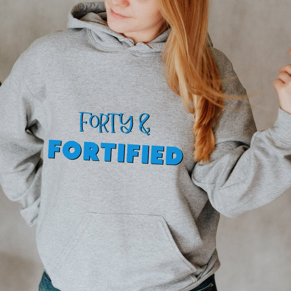 "Hello Forty". Grab this trendy forty hoodie as a 40th birthday gift for yourself , mom, sister, daughter and best friend. A fabulous female matching outfit on any birthday celebration ideas. Let's celebrate our forty year with this sassy hoodie.