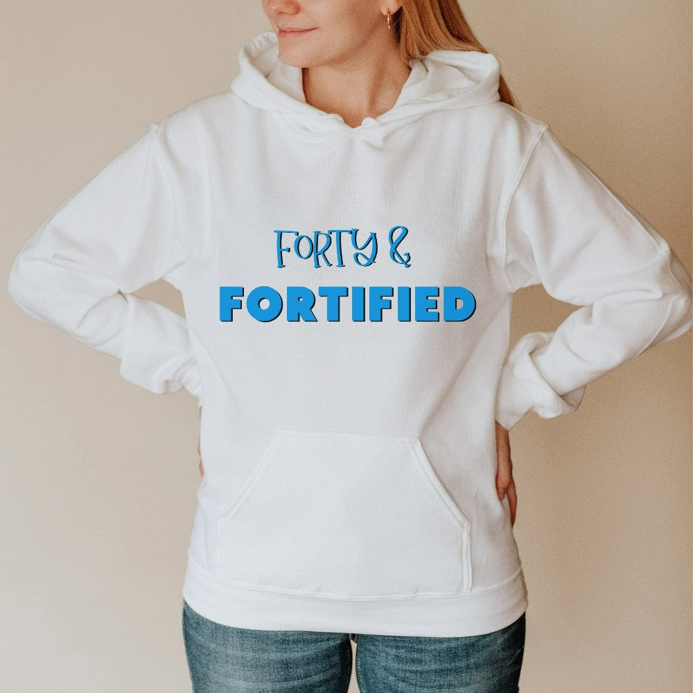 "Hello Forty". Grab this trendy forty hoodie as a 40th birthday gift for yourself , mom, sister, daughter and best friend. A fabulous female matching outfit on any birthday celebration ideas. Let's celebrate our forty year with this sassy hoodie.