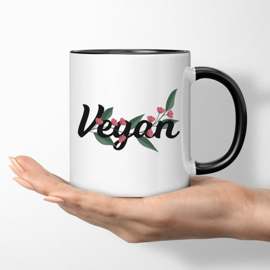 Floral vegan graphic coffee mug. Know a vegan? This top is always a hit and makes a great birthday or Christmas holiday gift. Super adorable and expressive gift idea for family, friend, chef, foodie or co-worker.