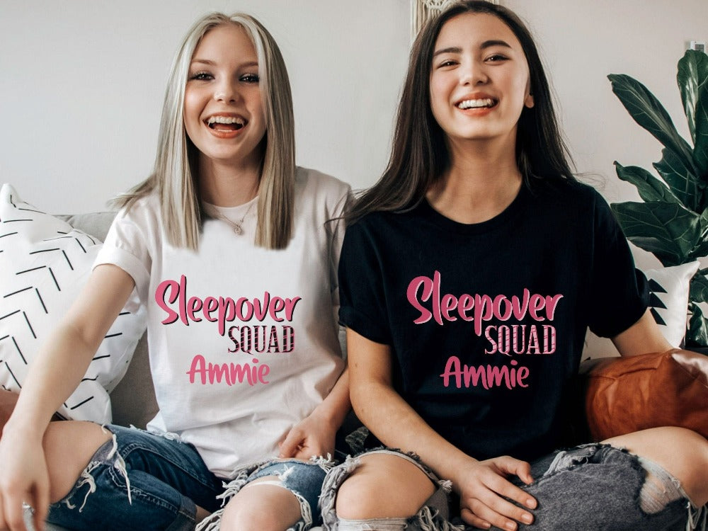 Cute personalized sleepover shirt for besties. Perfect for daughter, niece or friend's birthday, bridal shower, bachelorette wedding party or as girls slumber lounge pajamas set. Great teen or ladies favors gift idea when customized with name.