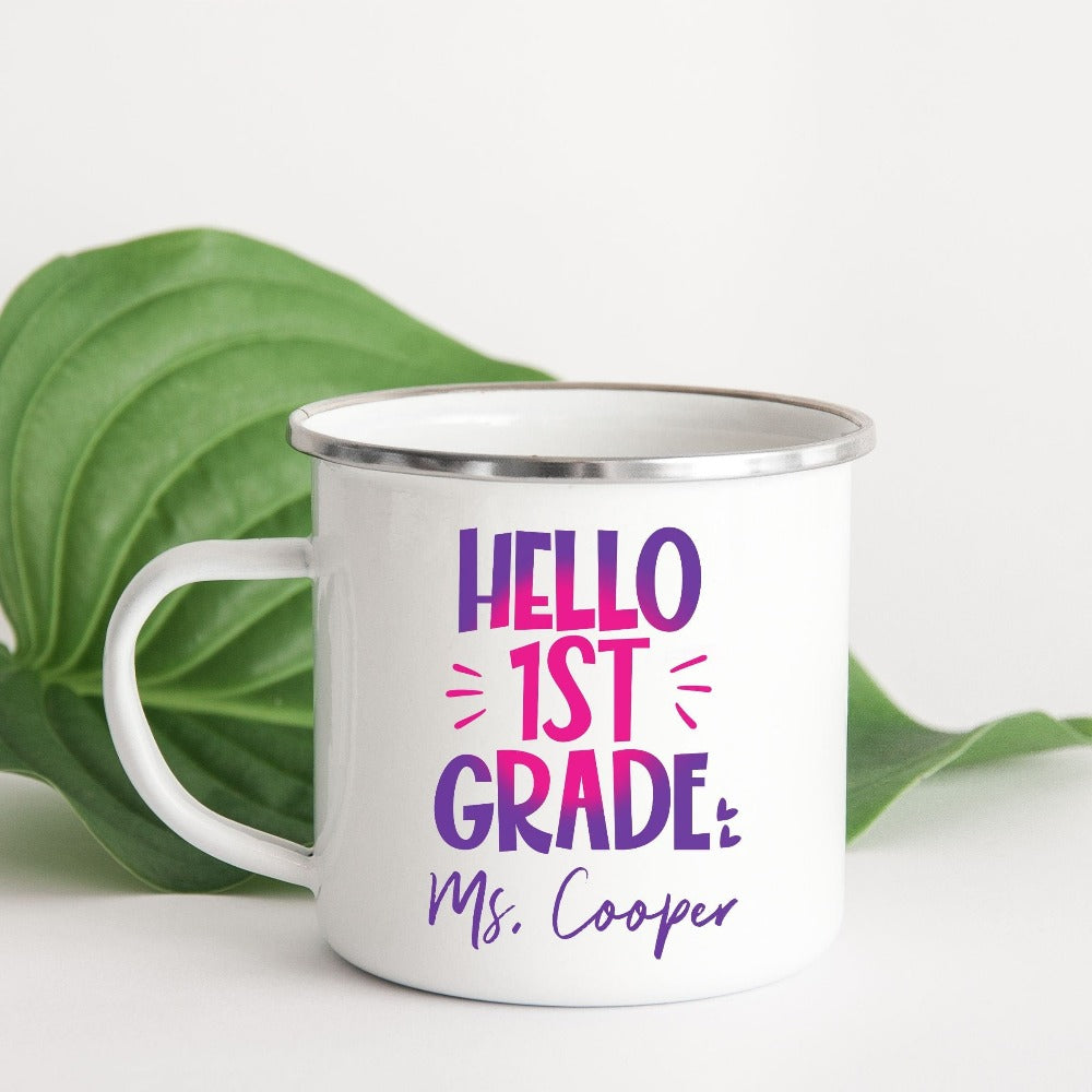 Hello 1st Grade! Customize this retro vibrant new grade coffee mug as a thank you gift idea for teacher, trainer, instructor and homeschool mama. Create a custom look and show appreciation to your favorite grade teacher with this unique present. Perfect for elementary team spirit, back to school, last day of school, summer or spring break. Great for everyday use both in and out of the classroom.