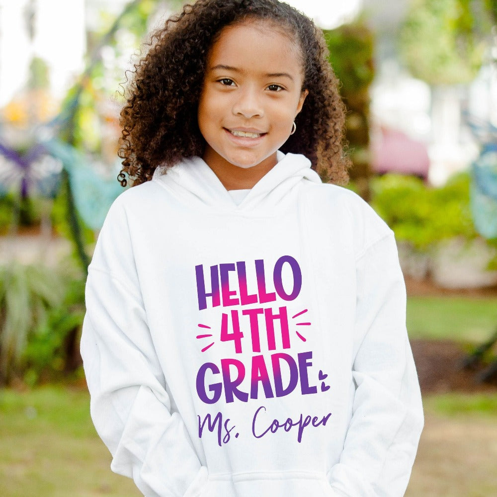 Hello 4th Grade! Customize this retro vibrant new grade sweatshirt as a thank you gift idea for teacher, trainer, instructor and homeschool mama. Create a custom look and show appreciation to your favorite grade teacher with this unique shirt. Perfect for elementary team spirit, back to school, last day of school, summer or spring break. Great outfit for everyday use both in and out of the classroom.