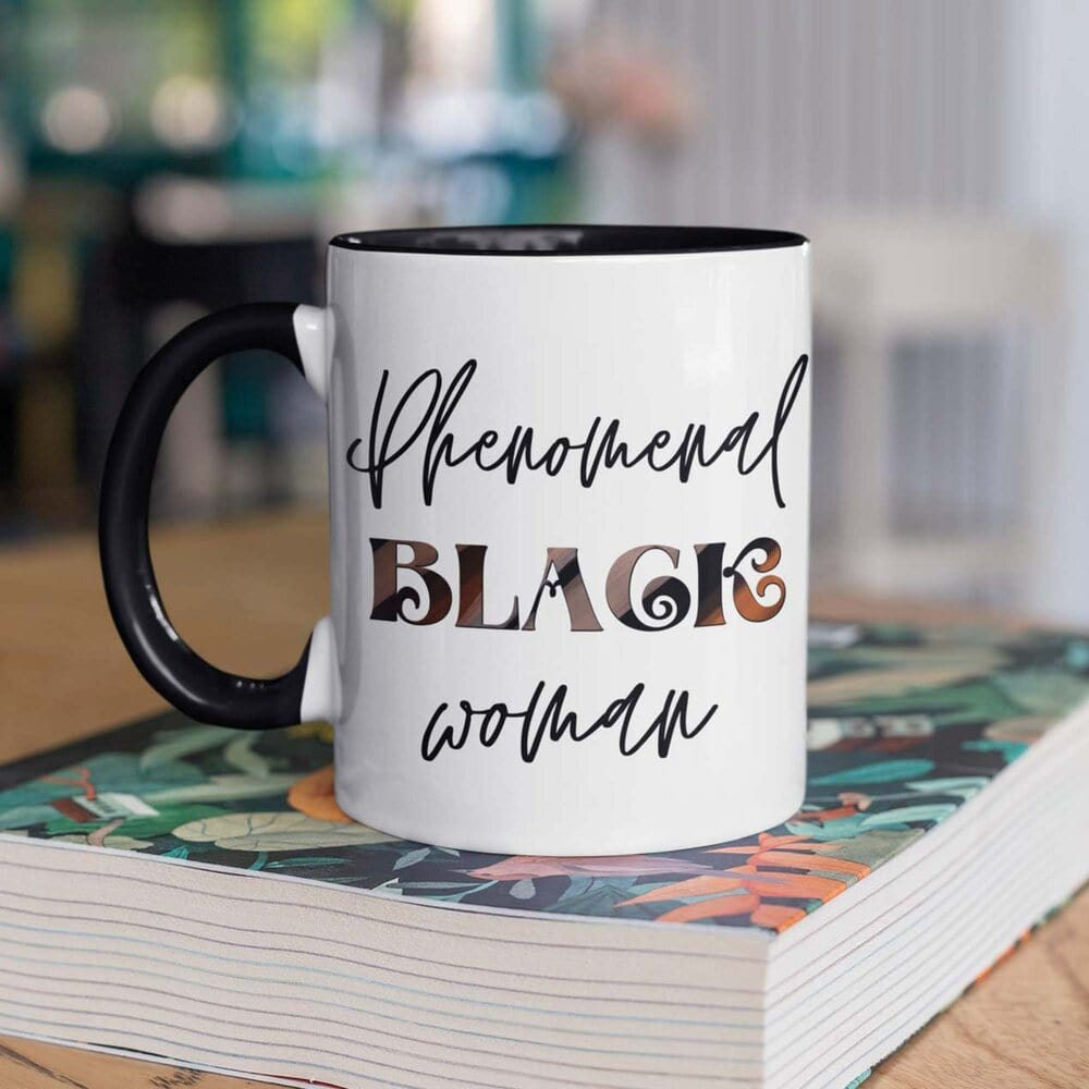 Surprise your loved ones, grandmother, mom, sister, friend, girlfriend, and sisters-in-law with our African-American and Afrocentric Mug. Warm your heart and soul pouring the perfect drink of your choice in our black trim coffee mug.