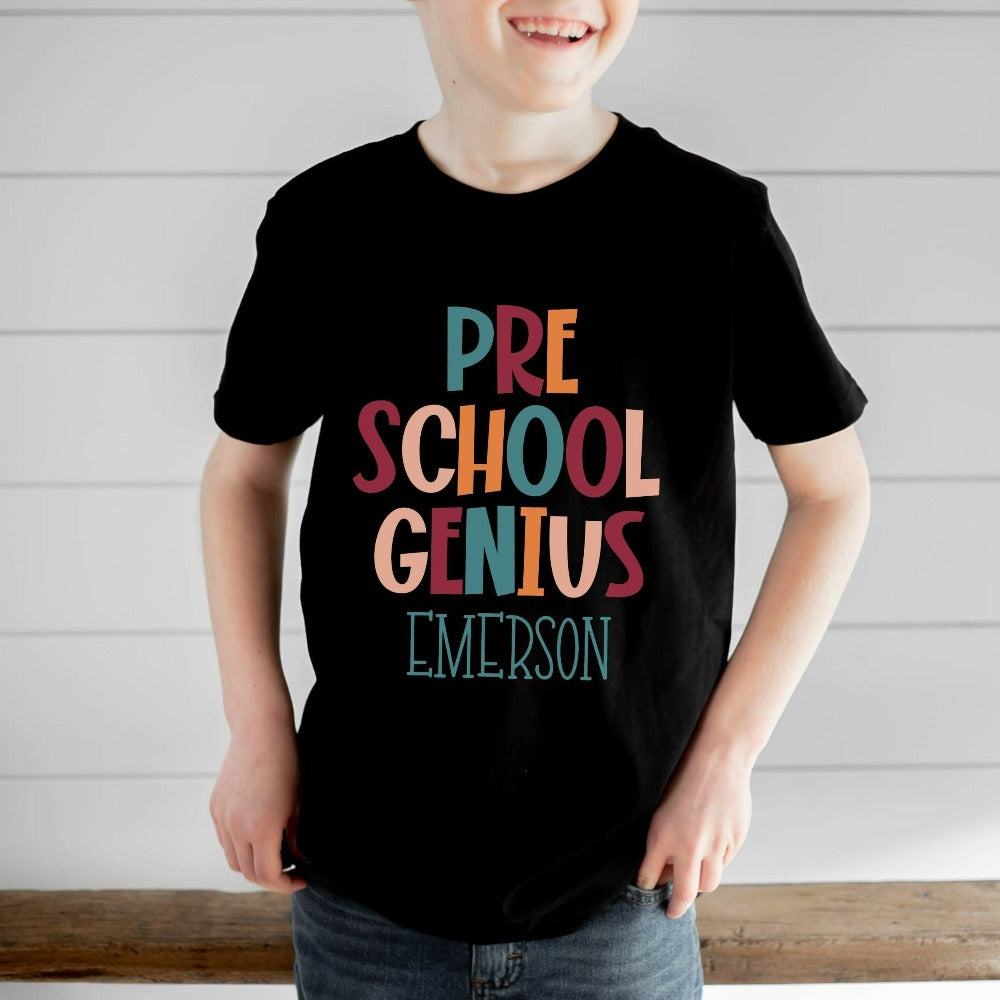 Customize this preschool, back to school shirt gift idea for your genius. For first day of school, school field trips, 100 days of school, graduation or a new grade. Perfect name tee outfit for everyday use in or out of classroom. pre school t-shirt.