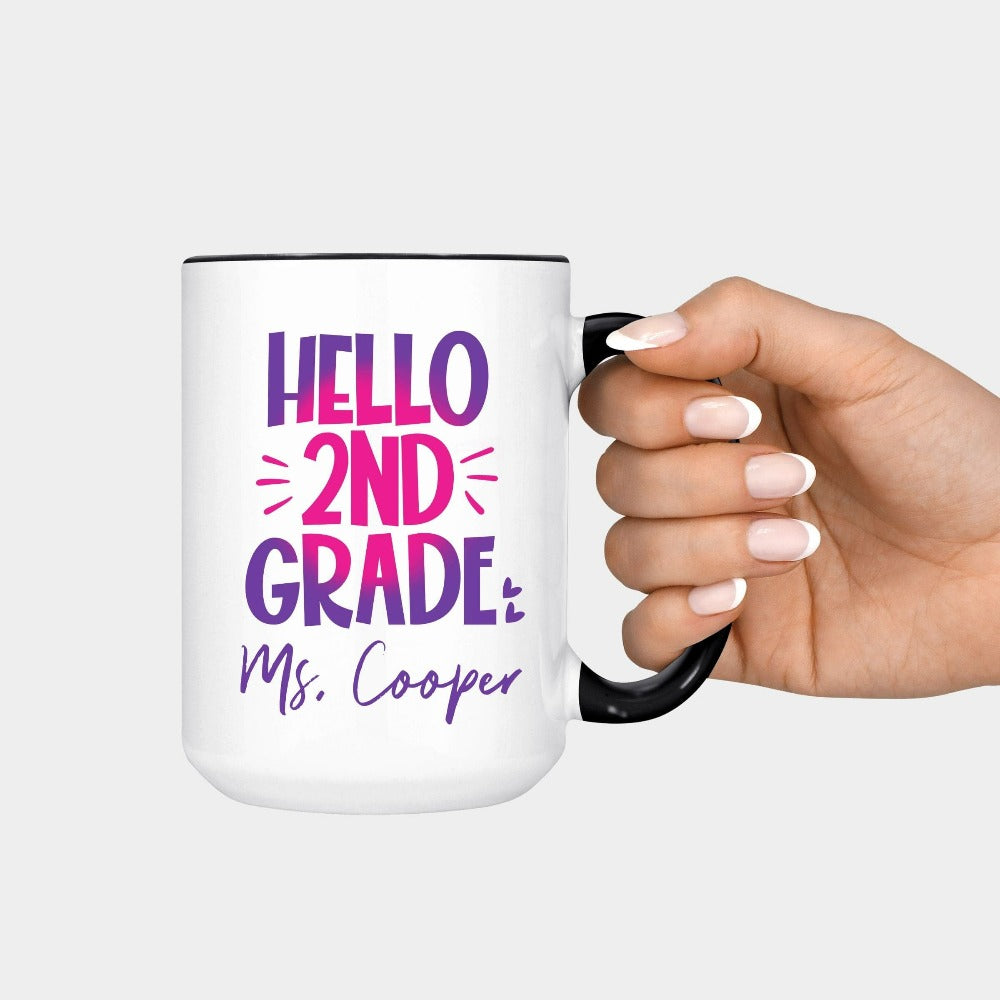 Hello 2nd Grade! Customize this retro vibrant new grade coffee mug as a thank you gift idea for teacher, trainer, instructor and homeschool mama. Create a custom look and show appreciation to your favorite grade teacher with this unique present. Perfect for elementary team spirit, back to school, last day of school, summer or spring break. Great for everyday use both in and out of the classroom.