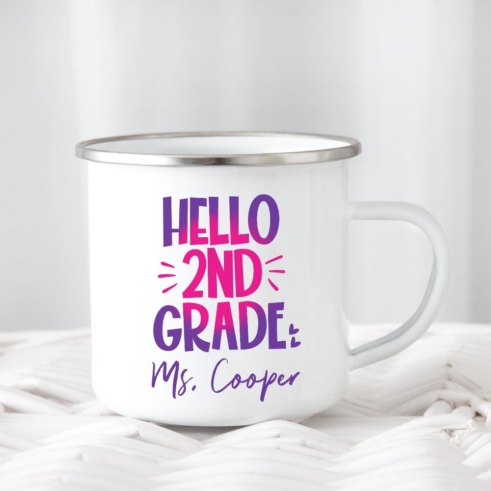 Hello 2nd Grade! Customize this retro vibrant new grade coffee mug as a thank you gift idea for teacher, trainer, instructor and homeschool mama. Create a custom look and show appreciation to your favorite grade teacher with this unique present. Perfect for elementary team spirit, back to school, last day of school, summer or spring break. Great for everyday use both in and out of the classroom.