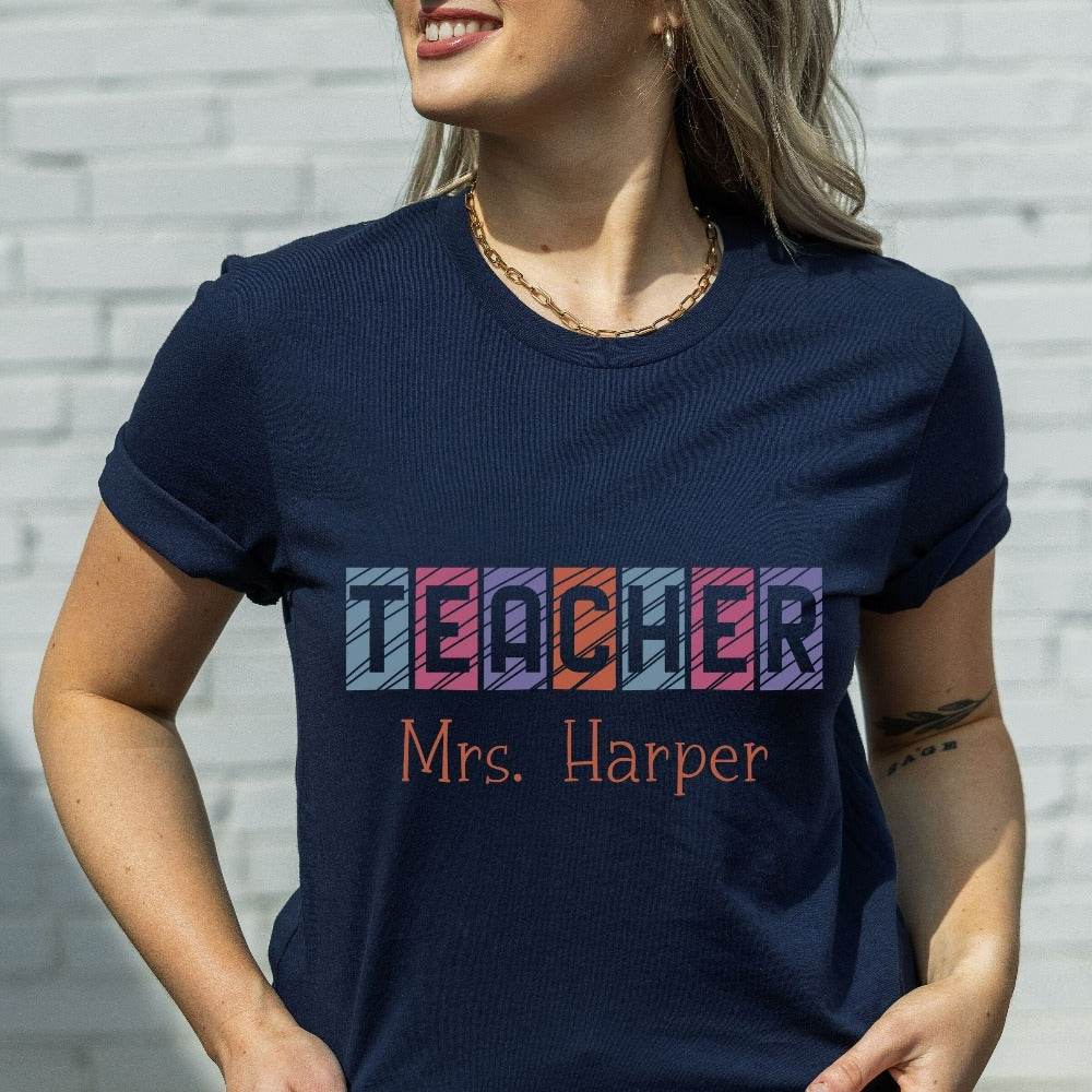 Custom name shirt gift idea for teacher, trainer, instructor and homeschool mama. Show appreciation to your favorite grade teacher with this vibrant trendy t-shirt. Perfect for elementary, middle or high school, back to school, last day of school, summer or spring break. Great for everyday use both in and out of the classroom.
