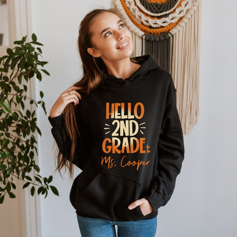 Hello 2nd Grade! Customize this retro vibrant new grade sweatshirt as a thank you gift idea for teacher, trainer, instructor and homeschool mama. Create a custom look and show appreciation to your favorite grade teacher with this unique shirt. Perfect for elementary team spirit, back to school, last day of school, summer or spring break. Great outfit for everyday use both in and out of the classroom.