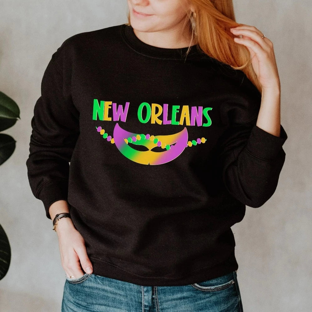 Women's Nola Sweatshirt, Mardi Gras Sweater, Saint New Orleans Crewneck Sweatshirt, Fat Tuesday Gift, Squad Matching Party Shirt Top