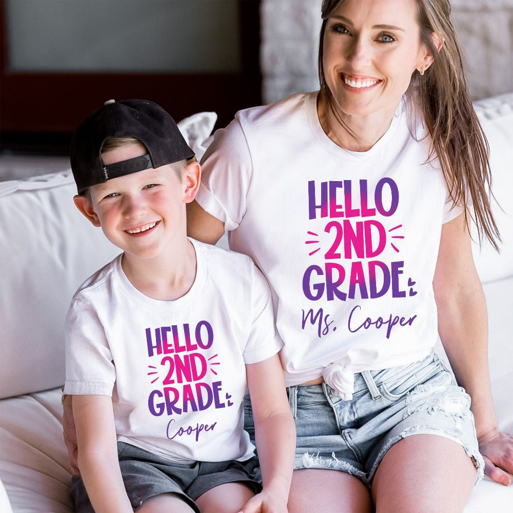 Hello 2nd Grade! Customize this retro vibrant new grade shirt as a thank you gift idea for teacher, trainer, instructor and homeschool mama. Create a custom look and show appreciation to your favorite grade teacher with this unique shirt. Perfect for elementary team spirit, back to school, last day of school, summer or spring break. Great outfit for everyday use both in and out of the classroom.