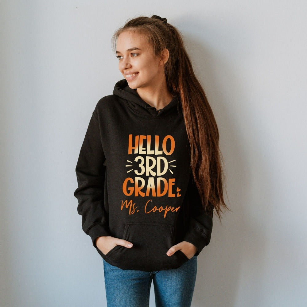 Hello 3rd Grade! Customize this retro vibrant new grade sweatshirt as a thank you gift idea for teacher, trainer, instructor and homeschool mama. Create a custom look and show appreciation to your favorite grade teacher with this unique shirt. Perfect for elementary team spirit, back to school, last day of school, summer or spring break. Great outfit for everyday use both in and out of the classroom.