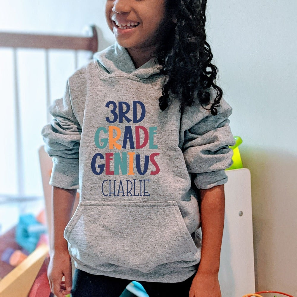 Customize this third grade, back to school sweatshirt gift idea for your genius. For first day of school, school field trips, 100 days of school, graduation or a new grade. Perfect name shirt outfit for everyday use in or out of classroom. 3rd grade hoodie.