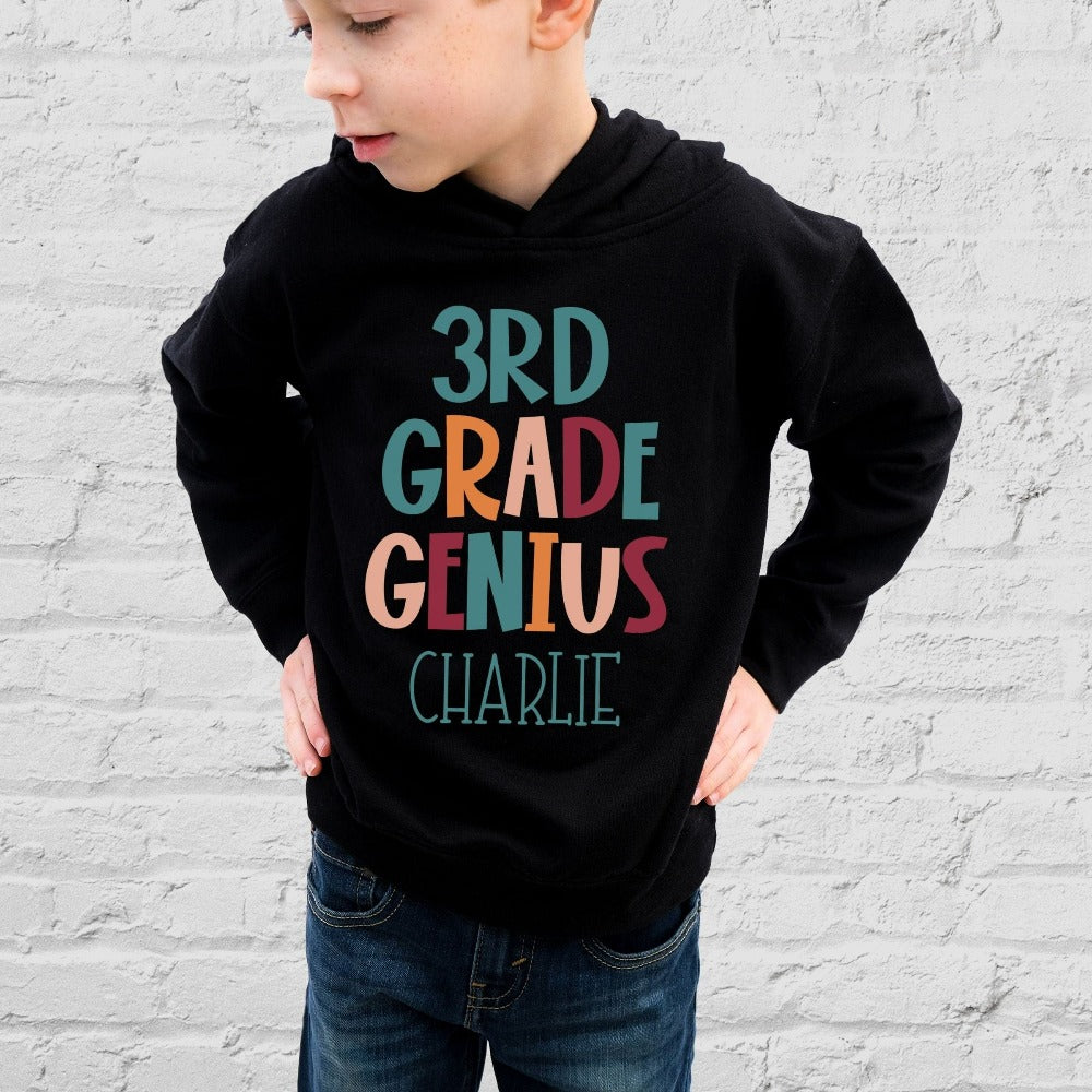Customize this third grade, back to school sweatshirt gift idea for your genius. For first day of school, school field trips, 100 days of school, graduation or a new grade. Perfect name shirt outfit for everyday use in or out of classroom. 3rd grade hoodie.