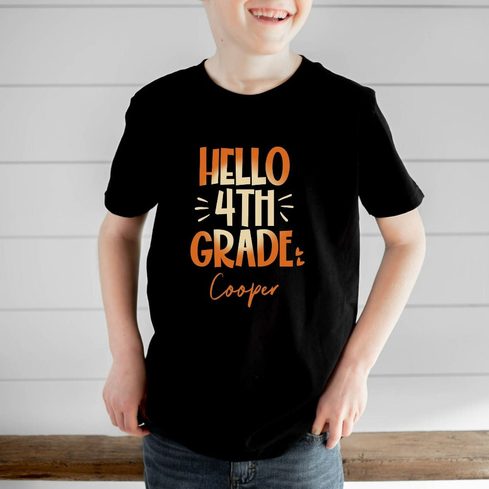 Hello 4th Grade! Customize this retro vibrant new grade shirt as a thank you gift idea for teacher, trainer, instructor and homeschool mama. Create a custom look and show appreciation to your favorite grade teacher with this unique shirt. Perfect for elementary team spirit, back to school, last day of school, summer or spring break. Great outfit for everyday use both in and out of the classroom.
