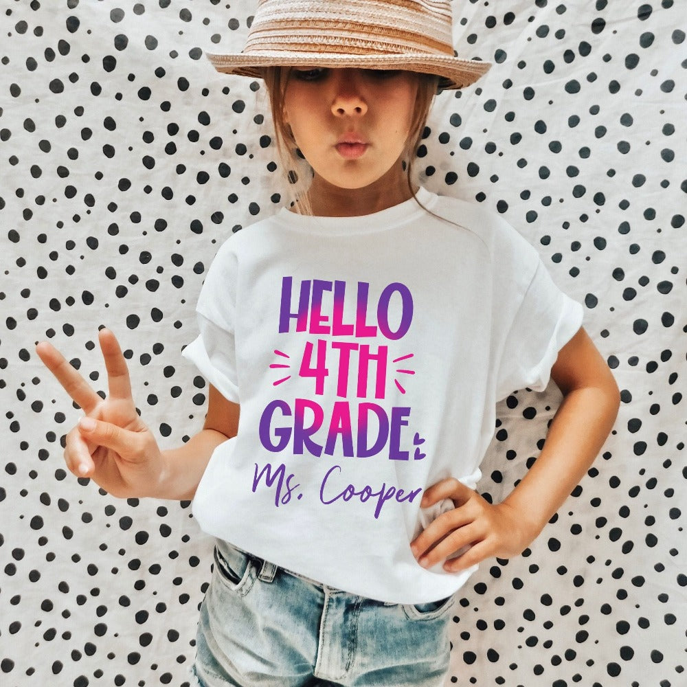 Hello 4th Grade! Customize this retro vibrant new grade shirt as a thank you gift idea for teacher, trainer, instructor and homeschool mama. Create a custom look and show appreciation to your favorite grade teacher with this unique shirt. Perfect for elementary team spirit, back to school, last day of school, summer or spring break. Great outfit for everyday use both in and out of the classroom.