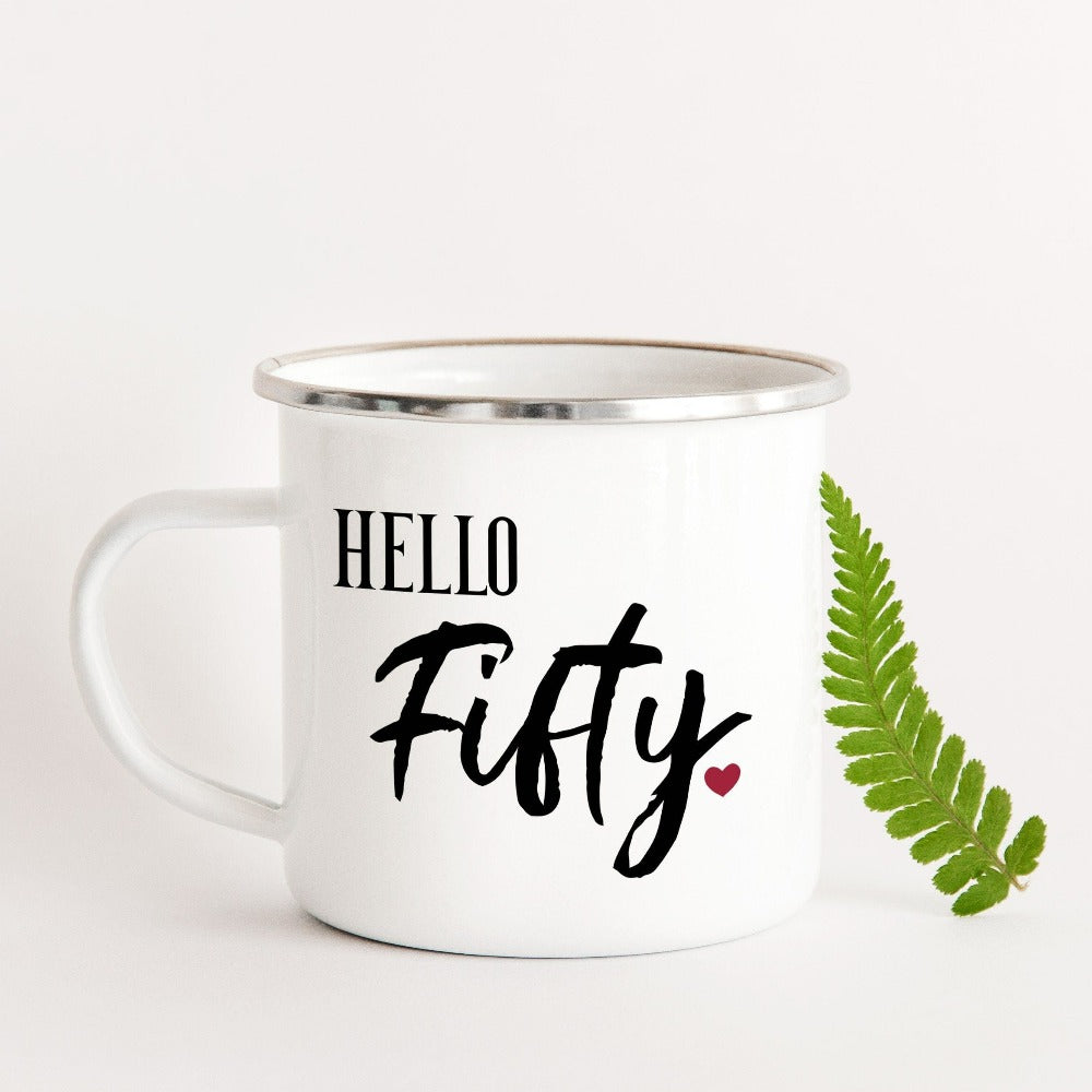 50th birthday babe gift. Whether you are planning a party for yourself or loved one, grab this adorable coffee mug present fit for a queen and get ready for your "Hello 50" fiftieth new age golden jubilee celebrations. This is a memorable present for mom, girlfriend, sister, best friend and anybody close to your heart.