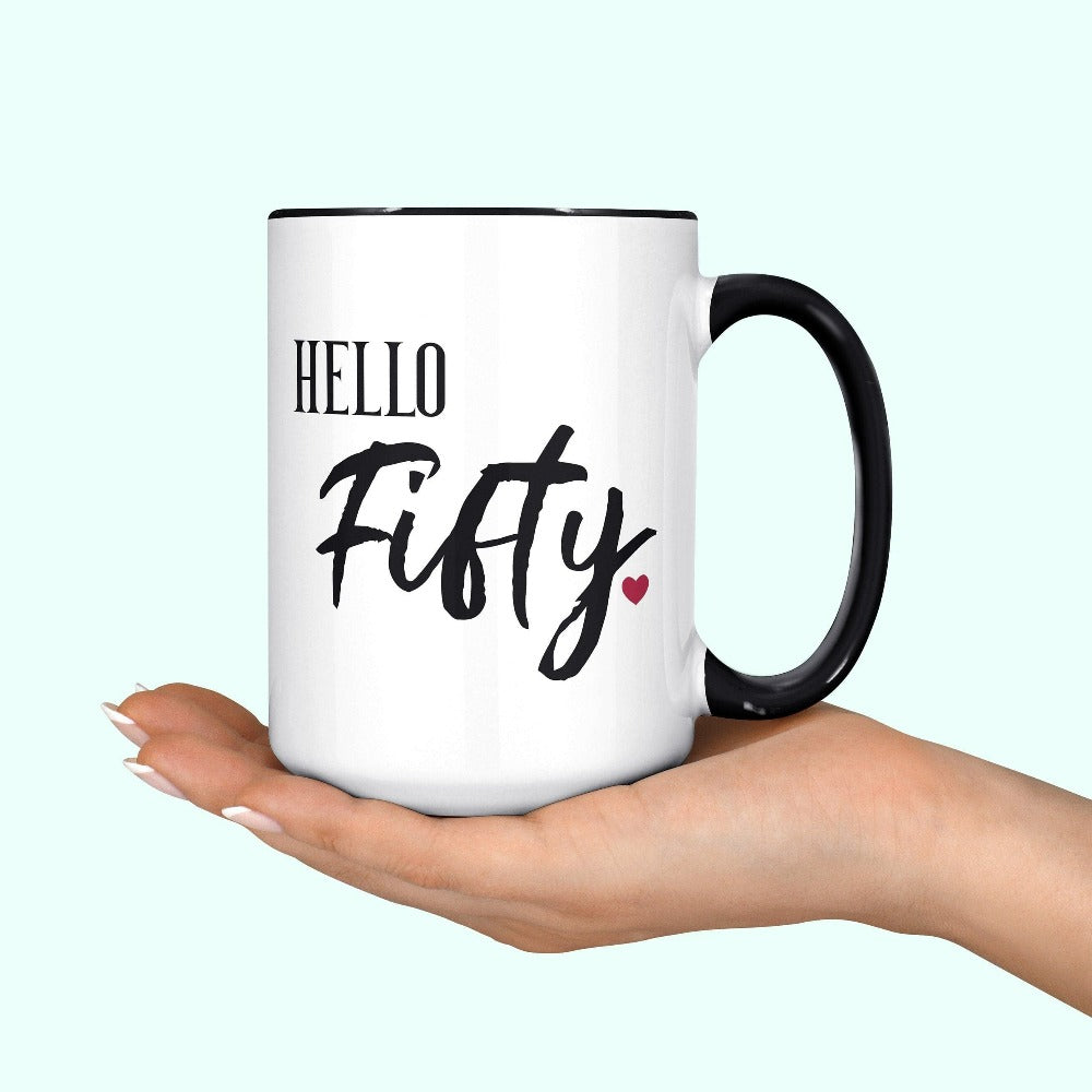 50th birthday babe gift. Whether you are planning a party for yourself or loved one, grab this adorable coffee mug present fit for a queen and get ready for your "Hello 50" fiftieth new age golden jubilee celebrations. This is a memorable present for mom, girlfriend, sister, best friend and anybody close to your heart.