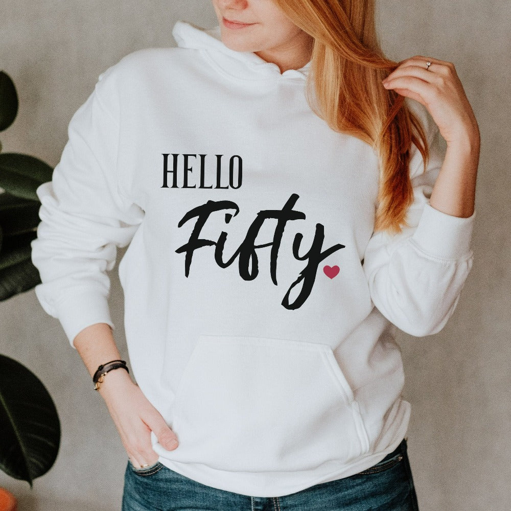 50th birthday babe gift. Whether you are planning a party for yourself or loved one, grab this adorable casual sweatshirt present fit for a queen and get ready for your "Hello 50" fiftieth new age golden jubilee celebrations. This is a memorable outfit present for mom, girlfriend, sister, best friend, co-worker and any 50 year old celebrant.