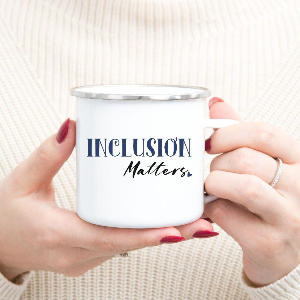 Positive Inclusion Matters coffee mug. Gift idea for special education teacher, trainer, instructor and homeschool mama. Perfect for elementary, middle or high school, back to school, last day of school, summer or spring break.