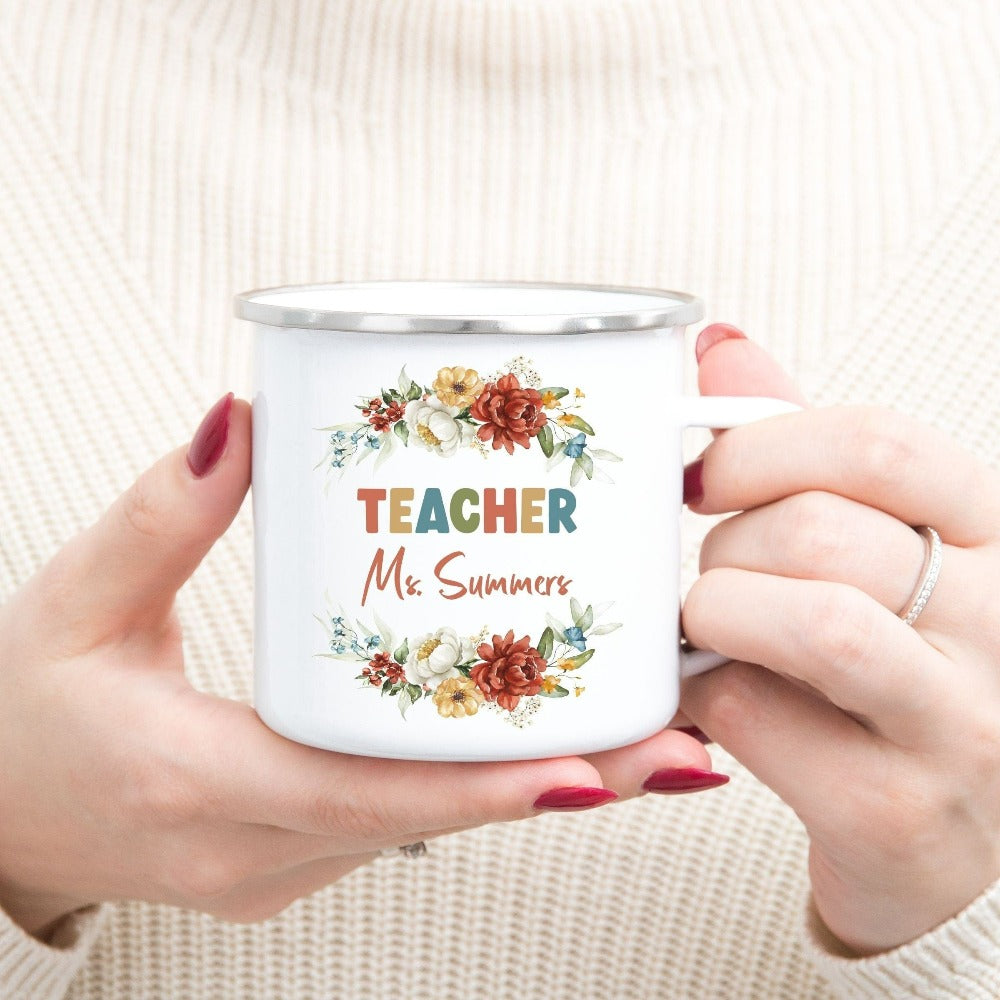 Customized floral botanical back to school teacher gift idea. This adorable coffee mug is for first day of school, last day, summer break or everyday appreciation present for your favorite kindergarten or grade teacher. Personalize with name with this positive beverage cup souvenir perfect for both classroom and field trip activities.