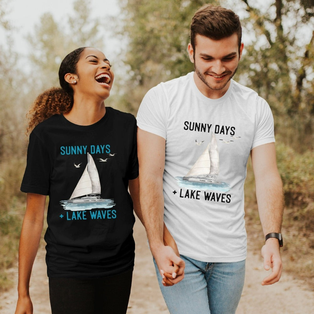 Sunny days and lake waves always go well with sailing. This unisex casual tee gift idea is a perfect outfit for hang outs with friends and family. Great idea for your favorite captain, boater dad or for yourself while on your next coastal summer weekend vacation.